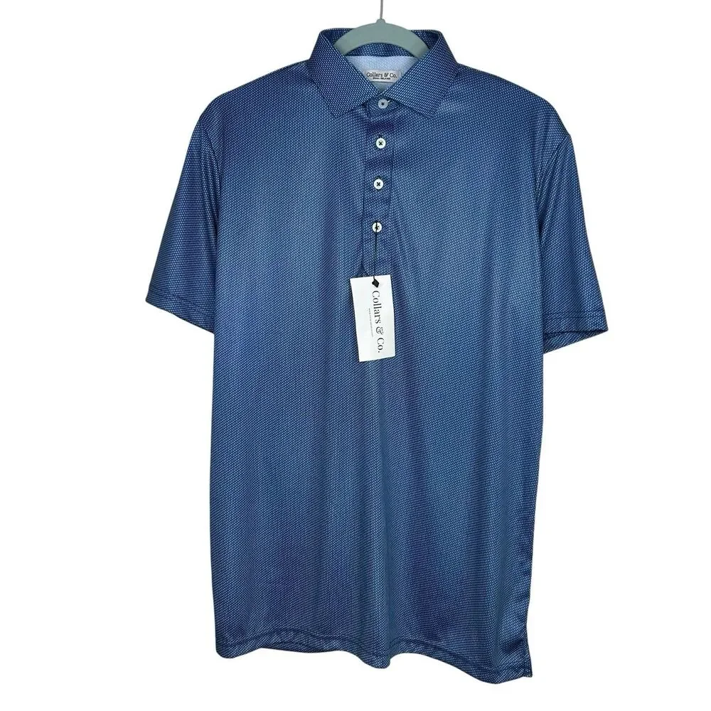 Collars & Co Polo Shirt Mens Small Blue Geo Relaxed Dress Collar Stretch NWT